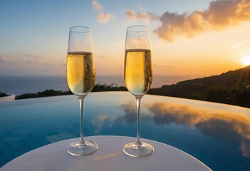 Two glasses of champagne next to an infinity pool with a beautiful sunset in the background