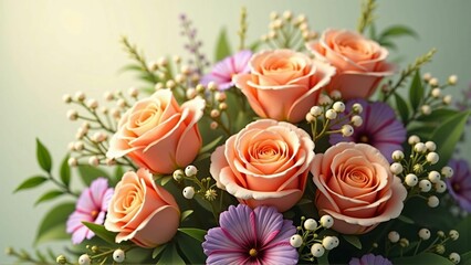 Elegant Bouquet of Peach Roses with Mixed Floral Arrangement and Soft Green Background