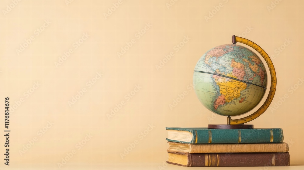 Aufkleber classic globe sits on stacked travel guidebooks against a neutral backdrop representing exploration 