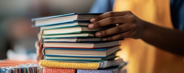 Empowering Communities Through Donation Drives: Close-Up of Hands Stacking Books for School Supplies in Support of Education Initiatives