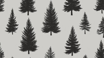 Obraz premium Seamless pattern of dark evergreen trees on light gray background.