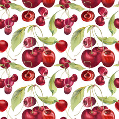 Sweet sour red cherry with green leaves, hand drawn in watercolor, garden berry on branches in group clusters. Seamless pattern wallpaper illustration. Restaurant, cafe menu, wedding, farmers market.