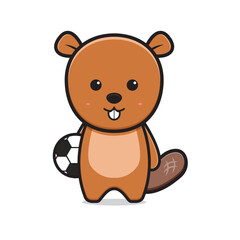 Obraz premium Cute beaver holding football mascot character cartoon icon illustration