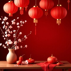 Celebrate the festive spirit of Chinese New Year with this stunning red background featuring vibrant flowers and decorations. Ideal for greeting cards, calendars, and other print materials.