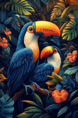A vibrant and detailed illustration of a toucan perched amidst lush tropical foliage and colorful hibiscus flowers.