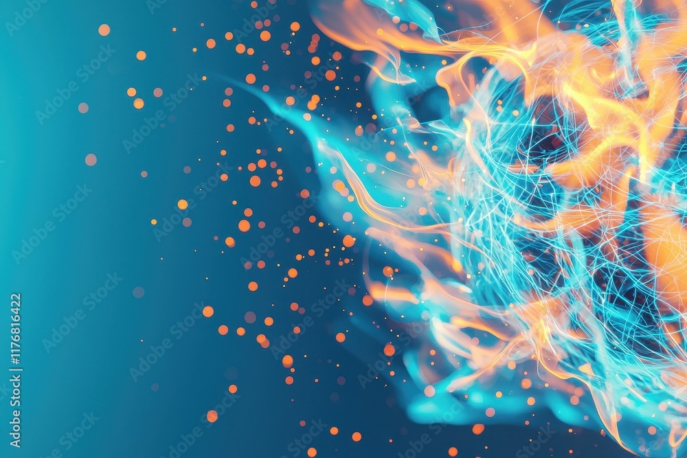 Poster fuel flame power flicker concept. abstract colorful waves with glowing particles on a blue backgroun