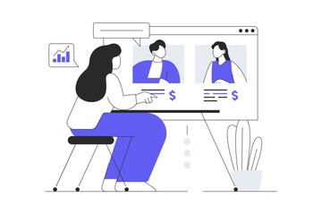 Video business. Colleagues discussing work tasks in group chat, coworkers communicating at online meeting. Flat Cartoon Vector Illustration, icon. Stylish abstract