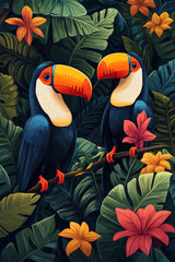 A vibrant and detailed illustration of a toucan perched amidst lush tropical foliage and colorful hibiscus flowers.