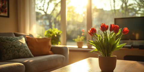 Morning vibes fresh flowers in a cozy living room natural light home decor relaxing atmosphere inviting view wellness concept