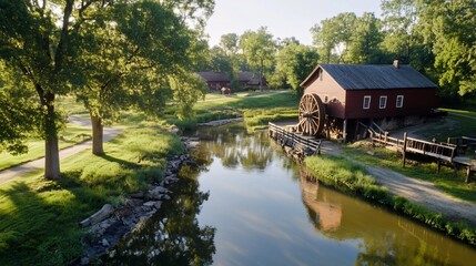 Obraz premium Sunrise over historic watermill, park, stream