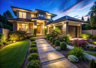 Obraz premium Modern home, bathed in night light, showcases a glowing garden path.