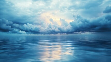 Obraz premium Serene ocean scene with dramatic cloudscape at sunset reflected on water