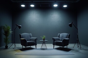 Cozy minimalist studio. Empty studio without people. Studio for podcasts or interviews. Stylish studio. Two comfortable armchairs with lighting and a coffee table