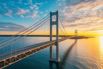 Obraz premium Sunrise over suspension bridge, coastal highway, scenic travel