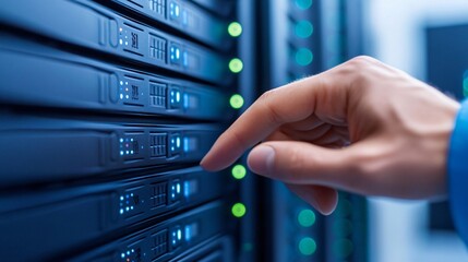 A hand interacts with a server rack, highlighting technology and data management in a modern server room.