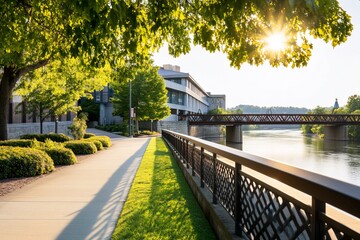 Obraz premium Sunrise Riverwalk Path, Cityscape, Green