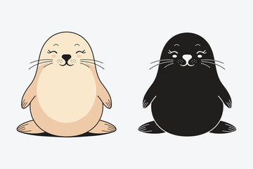 Seal animal illustration, silhouette seal and cute seal animal mascot character design