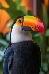 A vibrant and detailed illustration of a toucan perched amidst lush tropical foliage and colorful hibiscus flowers.