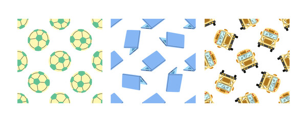 Seamless school patterns with soccer balls, laptops, and school buses