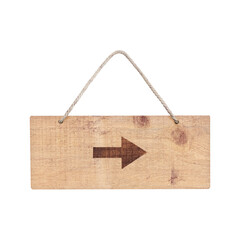  Wooden sign with arrow sign isolated with rope isolated on white background with clipping path include.