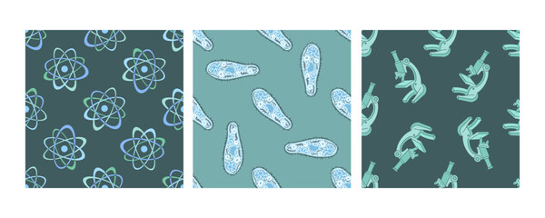 Seamless science patterns with atoms, microbes, and microscopes on backgrounds