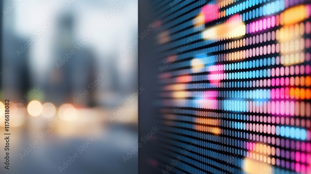 Poster abstract digital display with colorful pixel lights against urban background