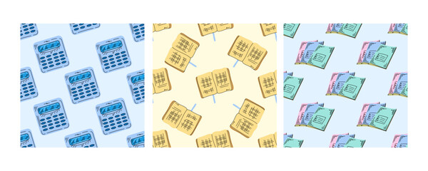Seamless school patterns with calculators, open books, and graph papers in flat doodle style