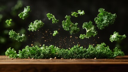 Fresh kale leaves levitating against a dark background, sprinkled with spices.  A vibrant and healthy food image perfect for recipe websites or cooking blogs.