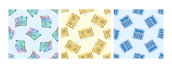 Seamless school patterns with notebooks, calculators, and graph papers in flat doodle style