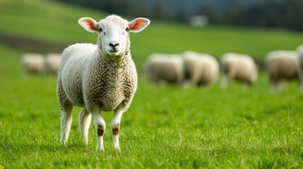 Obraz premium Playful lamb standing in a lush green pasture
