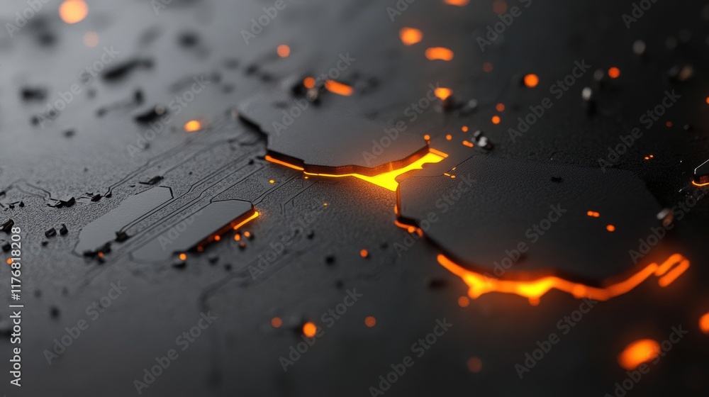 Poster futuristic circuit board with glowing orange elements and geometric patterns