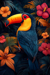 A vibrant and detailed illustration of a toucan perched amidst lush tropical foliage and colorful hibiscus flowers.