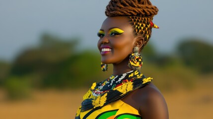 African female in traditional attire with colorful jewelry and bold makeup