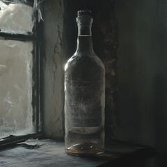 A bottle with a sad, empty expression, sitting in a corner covered with cobwebs and dust