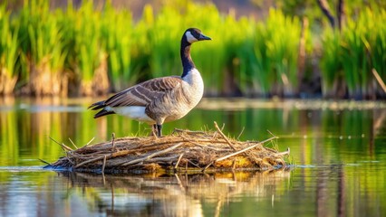 Obraz premium Canada Goose on a beaver lodge nest, nature reserve, avian, nature reserve, avian