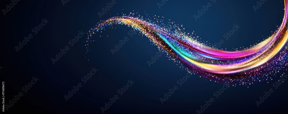 Poster colorful abstract wave with shimmering particles on dark background