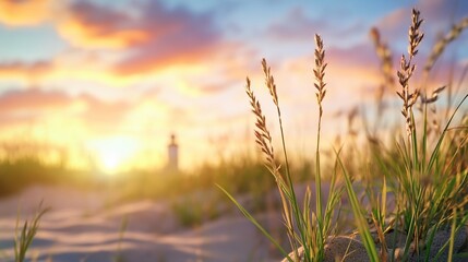 Fototapeta premium Sunset beach grass dune lighthouse serenity