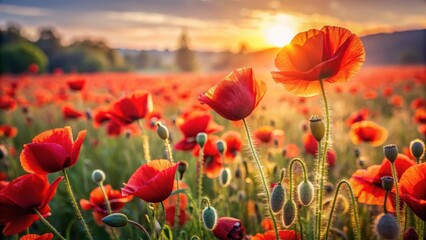 Obraz premium field of vibrant red poppies swaying gently in the warm sunlight, rural scene, nature, rural scene, nature