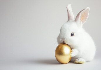 Obraz premium Easter bunny rabbit with blue painted egg on blue background. Easter holiday concept.