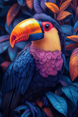 A vibrant and detailed illustration of a toucan perched amidst lush tropical foliage and colorful hibiscus flowers.