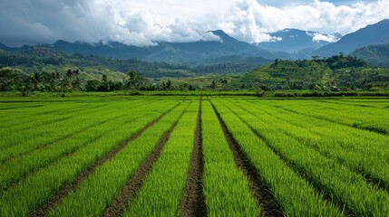 Lush green rice fields under a dramatic sky