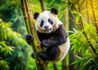 Obraz premium Adorable panda bear enjoys a playful climb amongst bamboo.