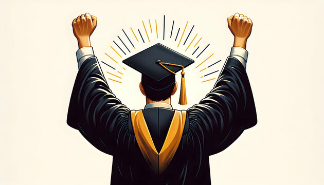 Education A person wearing a graduation cap with a yellow tassel and a black gown, raising both arms high, iso1