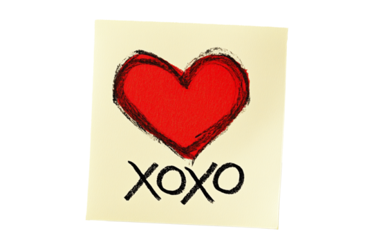 Hand drawn red heart sketch with XO XO text below placed on a yellow textured paper isolated on white transparent background. Concept of love and affection - Powered by Adobe