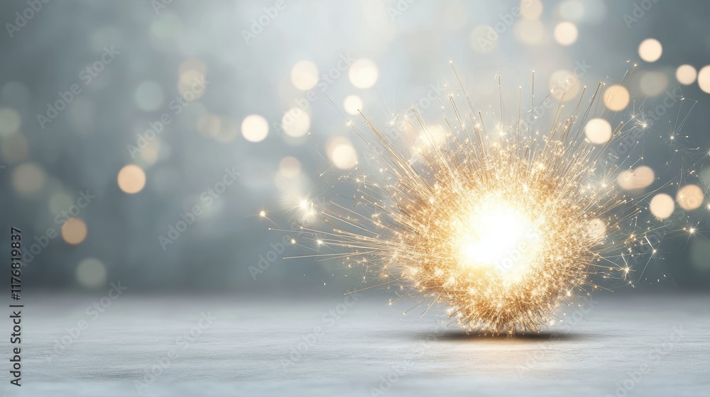 Aufkleber abstract golden light burst on soft gray background with bokeh sparkles