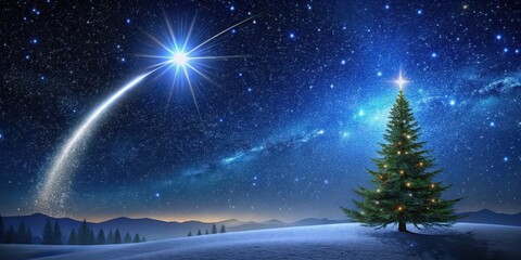 Dark night sky with shooting star and Christmas tree, Christmas Tree, Festive Scene,  Christmas Tree