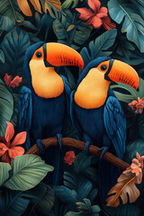 A vibrant and detailed illustration of a toucan perched amidst lush tropical foliage and colorful hibiscus flowers.