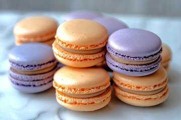 Fototapeta premium Lavender and pastel macarons on a light grey background, Traditional French sweets, gourmet dessert.