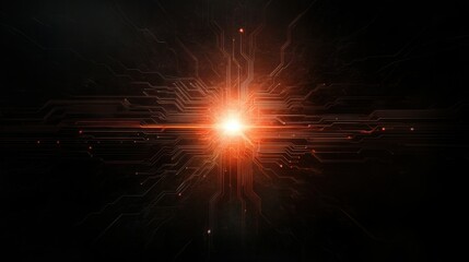 Obraz premium Abstract glowing red circuit board with digital connections and bright light center