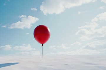 A Single Red Balloon Anchored in a Snowy Landscape Against a Clear Sky, red color baloon in sky blue ,,and n sky blue ,looking beautiful ,wallpaper and backgroundred color baloon in sky blue ,